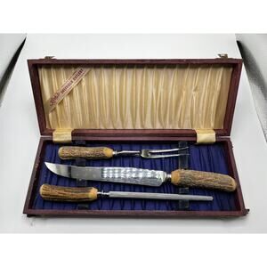 Kirk Sheffield Cutlery Hand forged‎ Stainless w/ Antler Handles 3 Pieces Org Box
